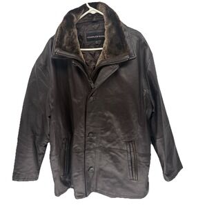 Charles Klein leather Button jacket Fur Collar Quilted Removable Lining Men XXL
